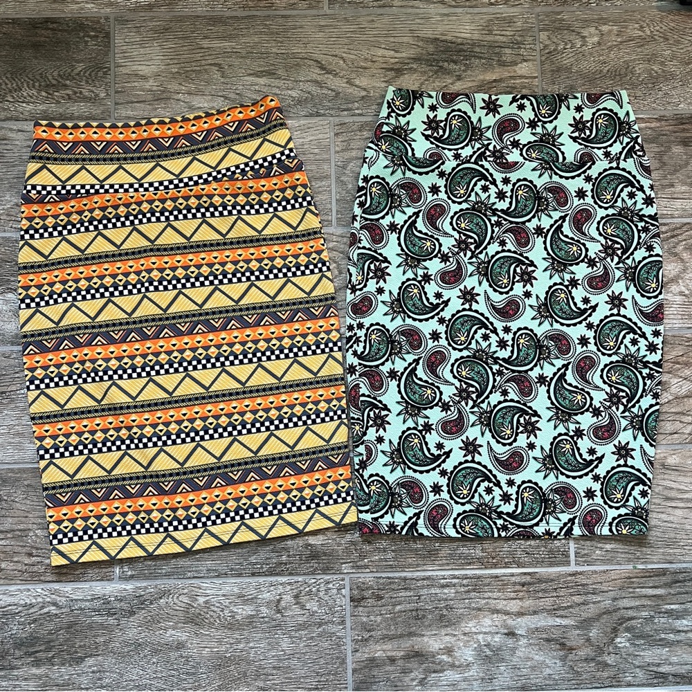 BUNDLE LulaRoe Cassie Stetchy Pencil Skirt, Size Small, Mint Paisley, Orange Geo